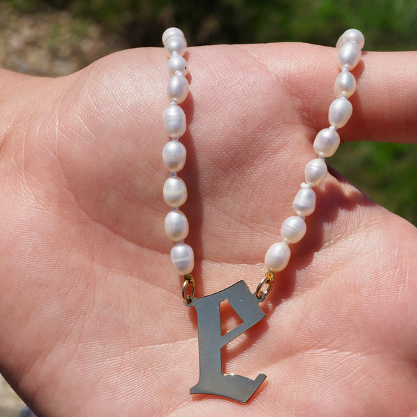 OLD ENGLISH INITIAL NECKLACE - 3/4 " ON PEARL BEADED NECKLACE