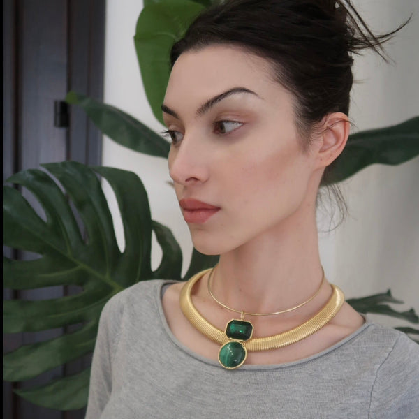 FIA EMERALD +  MALACHITE DOUBLE DROP NECKLACE