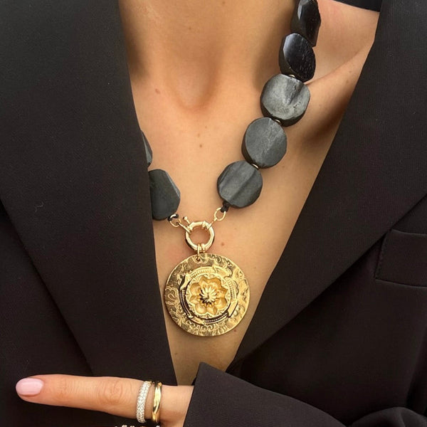 ZARIN AZTEC ETCHED DISC  NECKLACE