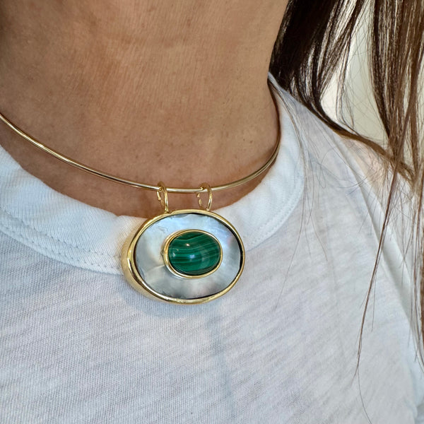 BECCA MOTHER OF PEARL + MALACHITE  OVAL  NECKLACE