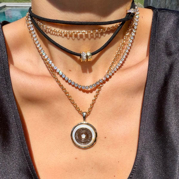 NEW YORK SUBWAY TOKEN MOTHER OF PEARL  DISC NECKLACE