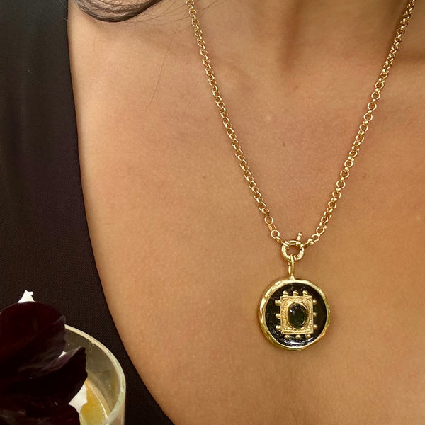HENRIE BLACK DOTTED RECTANGLE ENAMEL DISC NECKLACE - 1"