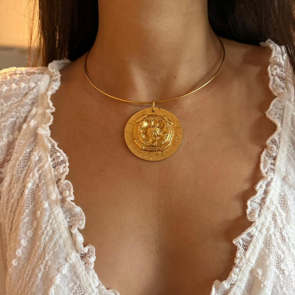 ZARIN AZTEC ETCHED DISC  NECKLACE
