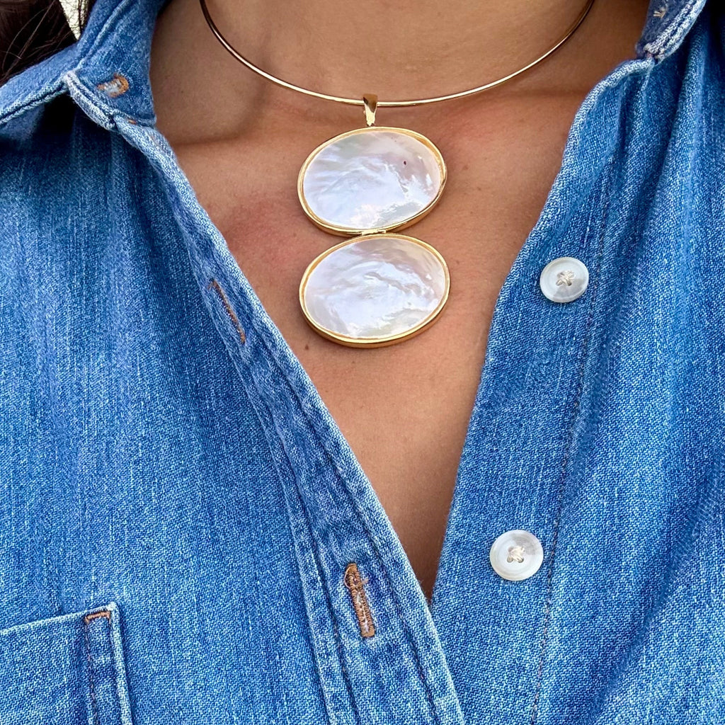 LUCY DOUBLE MOTHER OF PEARL DROP PENDANT