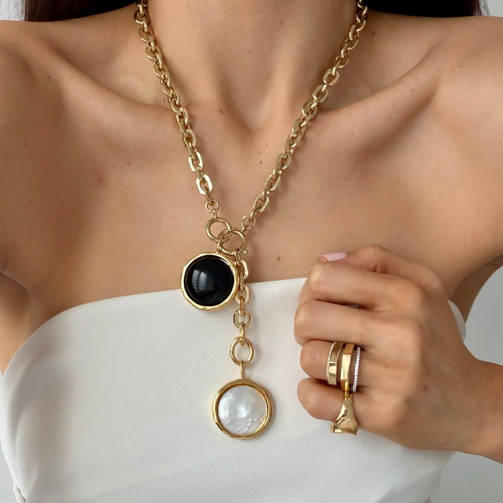 GARA DOUBLE DROP ONYX + MOTHER OF PEARL  NECKLACE