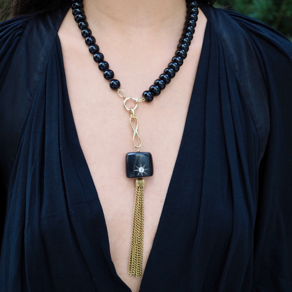ALEXANDRA HAND ENGRAVED BURST TASSEL DROP NECKLACE