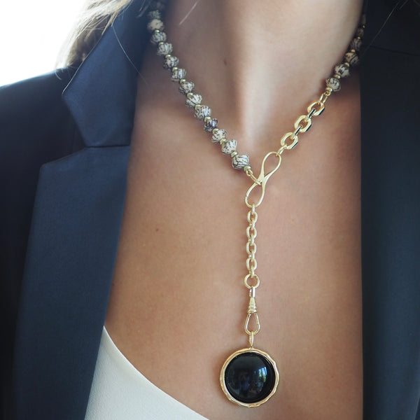 LENA ONYX DISC DROP NECKLACE