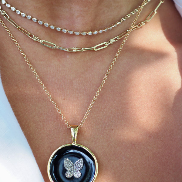 LIVEE ENAMEL PAVE BUTTERFLY DISC NECKLACE