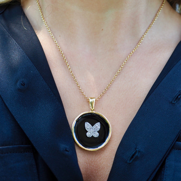 LIVEE ENAMEL PAVE BUTTERFLY DISC NECKLACE