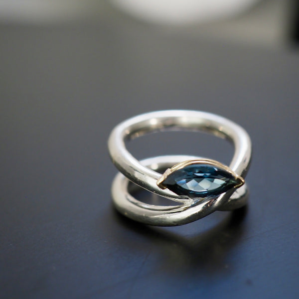 JAMIE LONDON BLUE TOPAZ MARQUISE CROSS RING