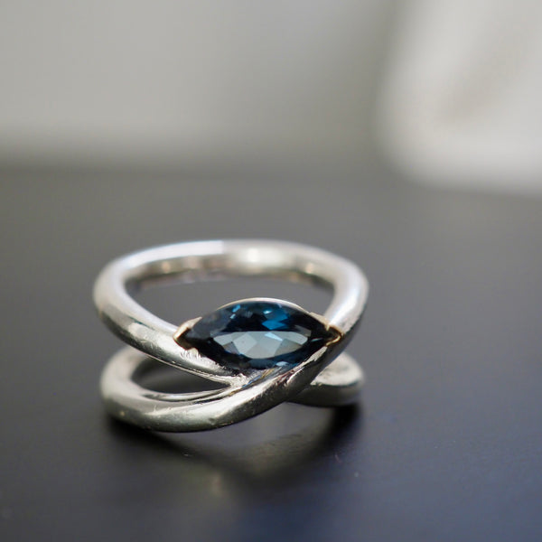 JAMIE LONDON BLUE TOPAZ MARQUISE CROSS RING