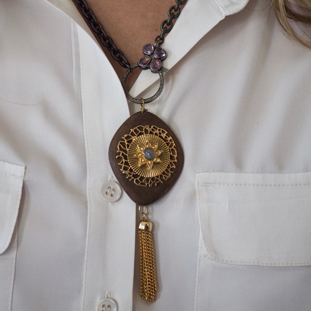 HARLEE WOOD BURST TASSEL DROP NECKLACE