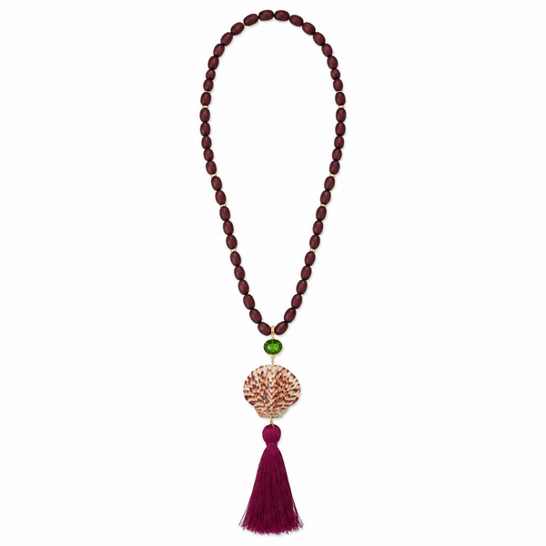 OLIVE BEADED SHELL TASSEL DROP NECKLACE